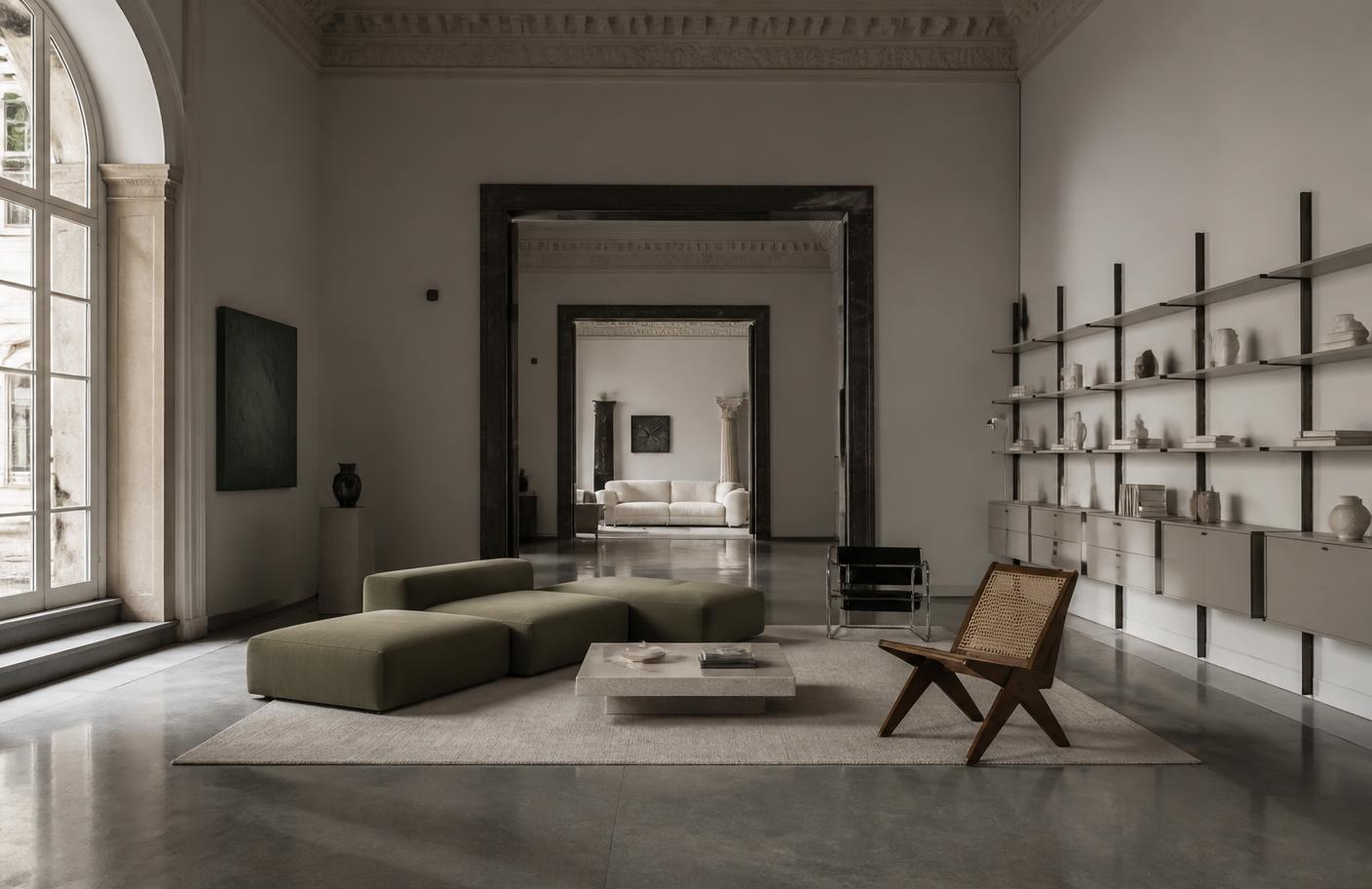 Interior tipo galería con una selección de mobiliario moderno europeo