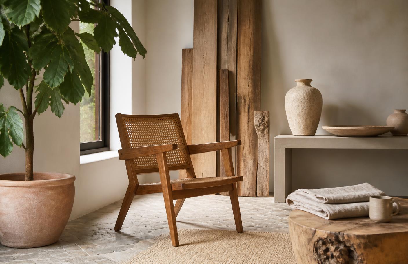 Butaca vintage restaurada entre madera recuperada y materiales naturales