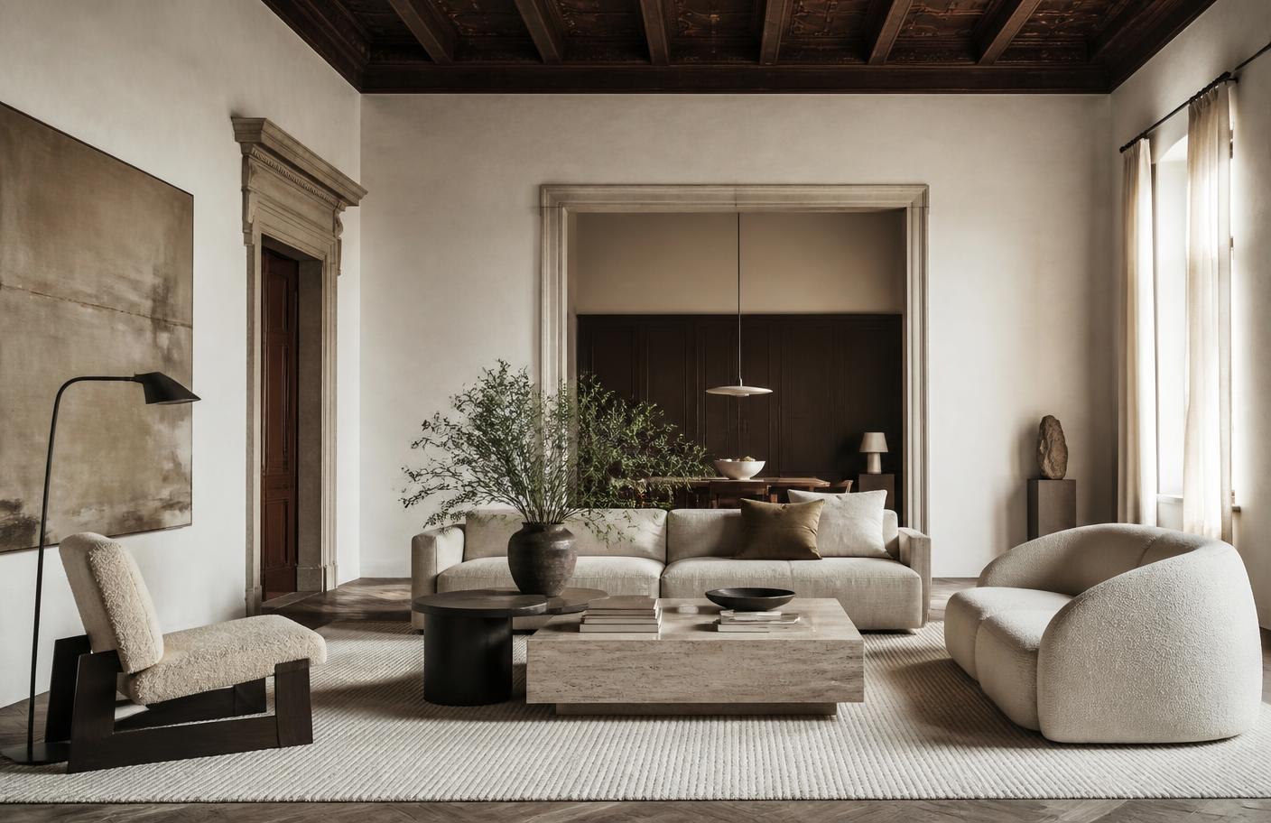 Salón mediterráneo contemporáneo con piedra, madera y mobiliario escultórico